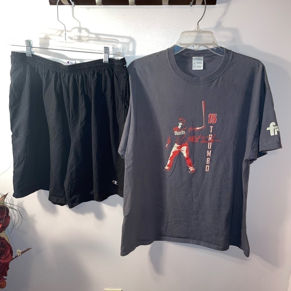 PREVIOUSLY OWNED COMBO SET CHAMPION SHORTS AND FRUIT FRUIT OF THE LOOM  SS TEE